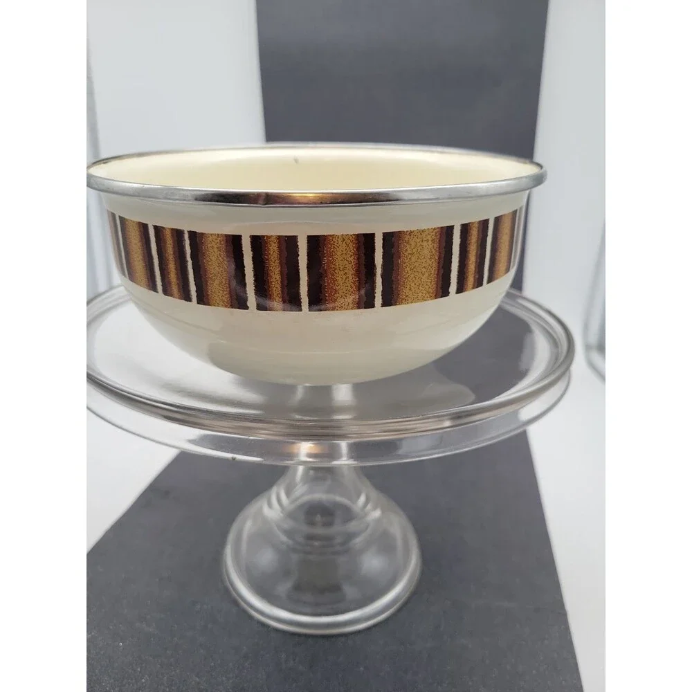 1960s Metal Enamel Mixing Bowl Set Brown Cream Retro Vtg 3 Piece Stripe Camping